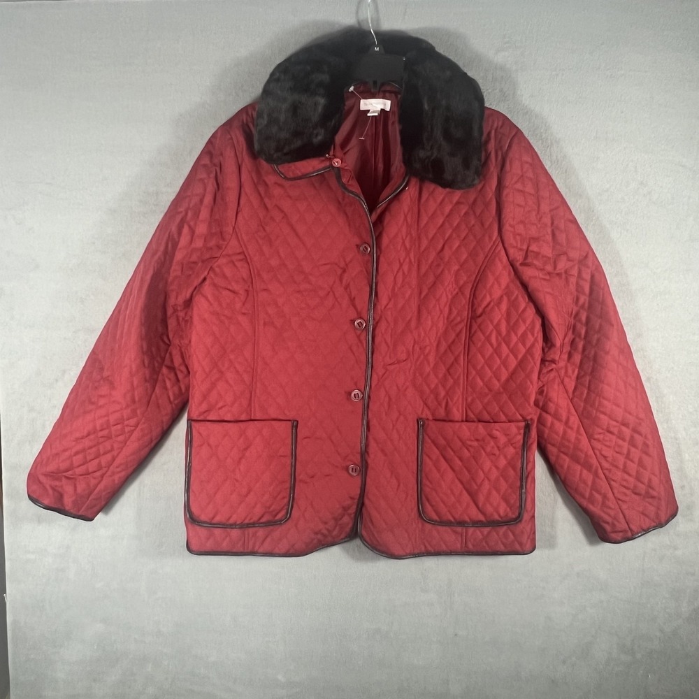 Charter Club Women's XL Quilted Jacket Red Faux Fur Collar Button Front Pockets